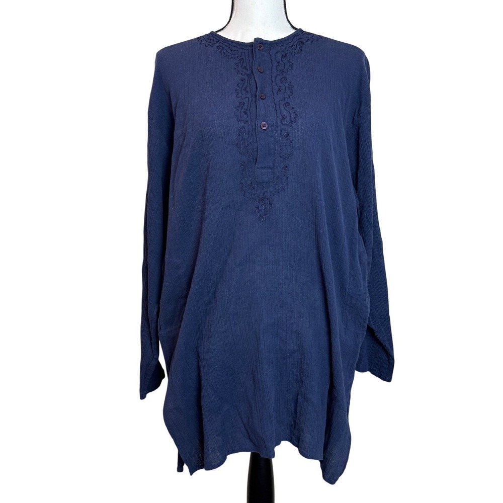 India Arts Embroidered Tunic Top Long Sleeve Boho Festival Shirt Navy Blue XL